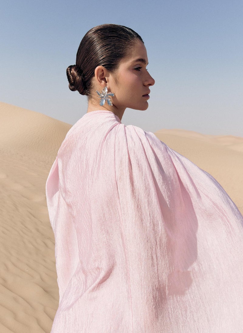 Lichi Textured maxi dress with asymmetrical draping and cape - Image 3